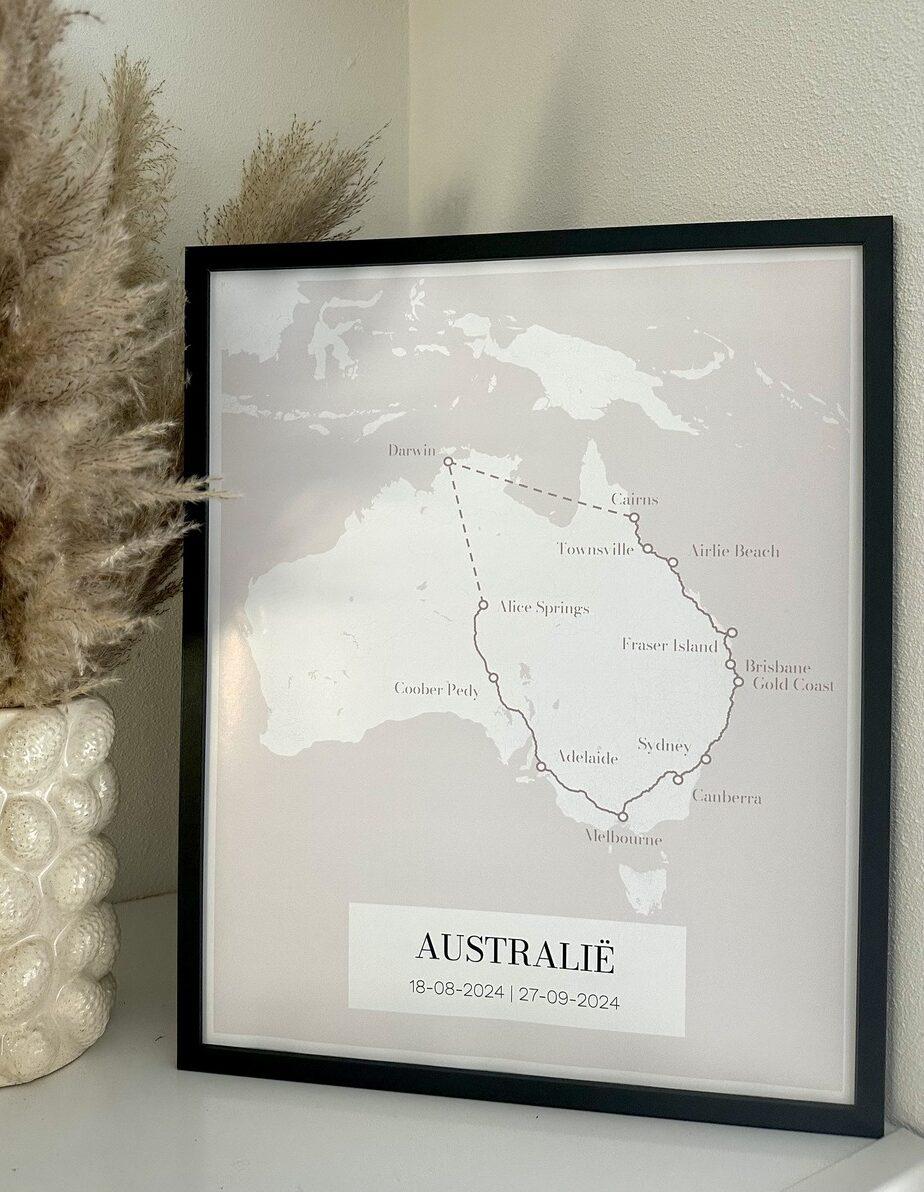Reisposter van Australië met persoonlijke route