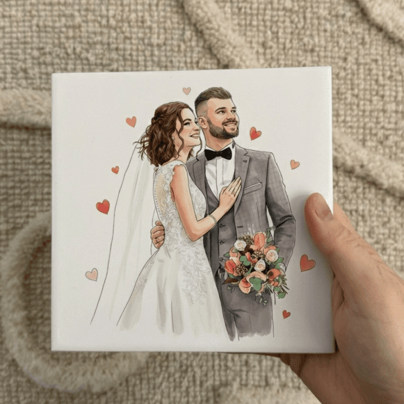 Aquarel tegeltje met foto en hartjes