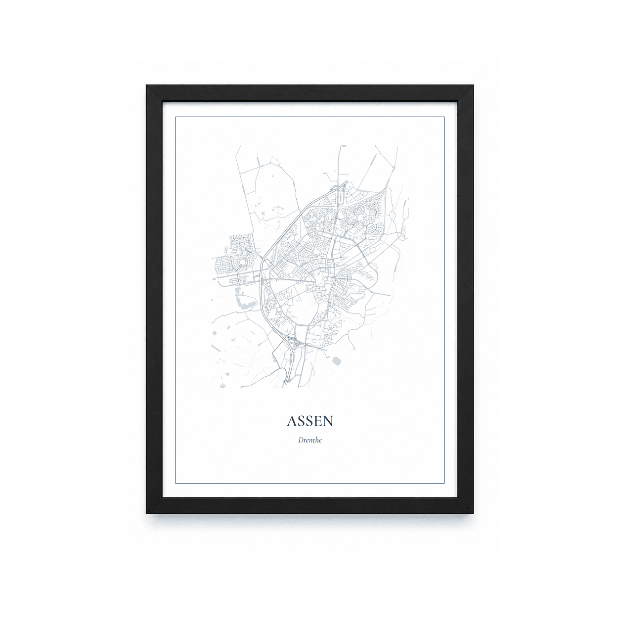 Kaartposter Assen – kaartportret – Delfts blauw