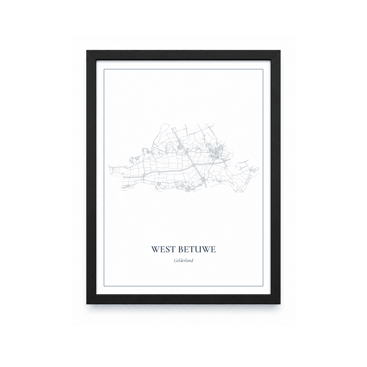 Kaartposter West Betuwe – kaartportret – Delfts blauw