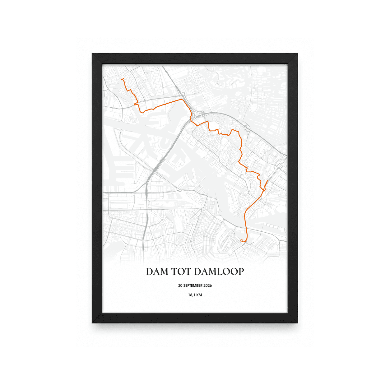 Dam tot Damloop poster – jouw route, naam en tijd – 16,1 km