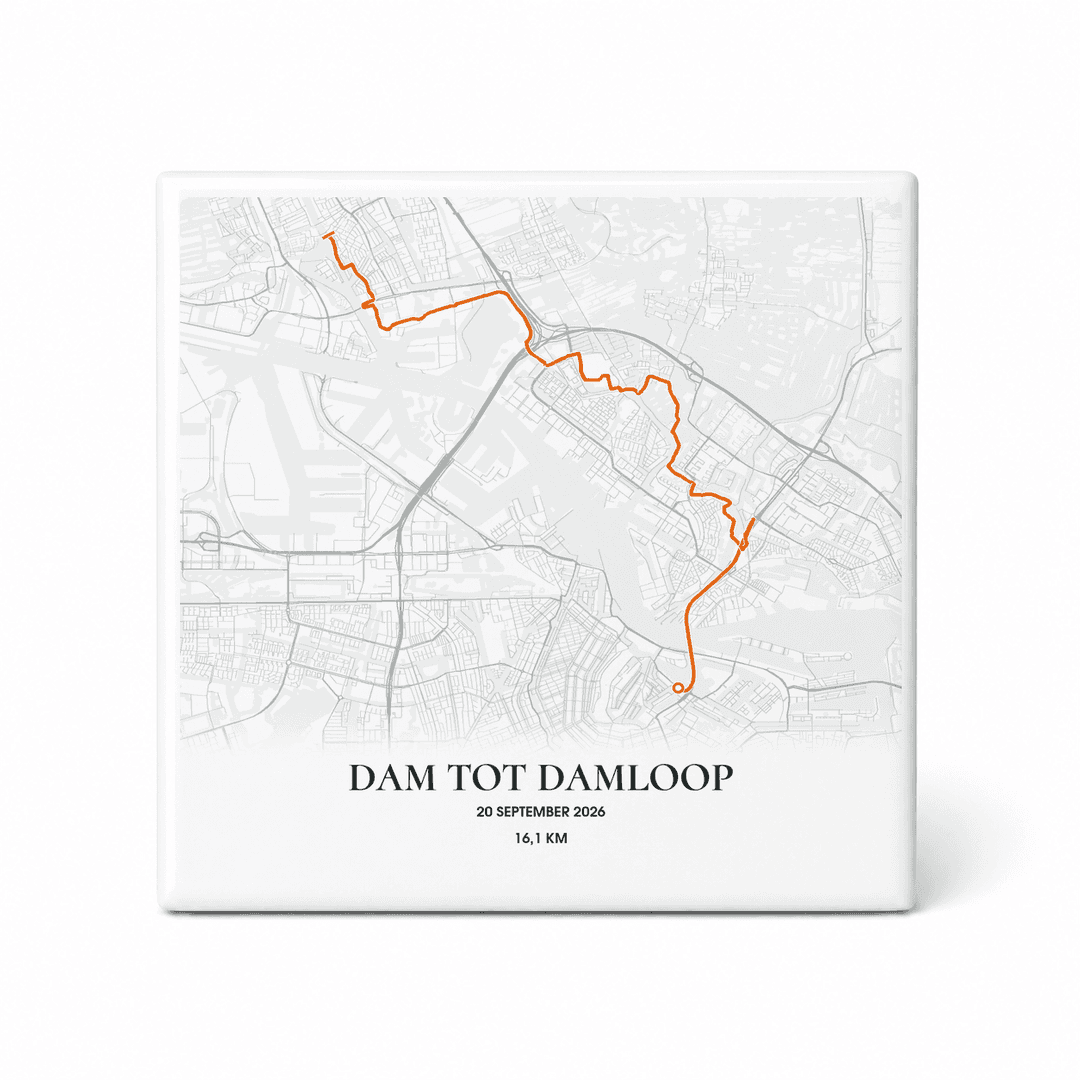 Dam tot Damloop tegeltje – jouw route, naam en tijd – 16,1 km