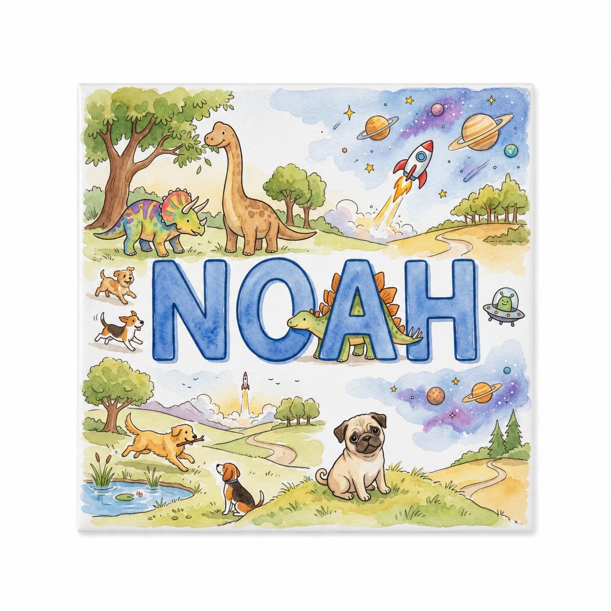 Keramische naamtegel met Noah in aquarel op een witte achtergrond